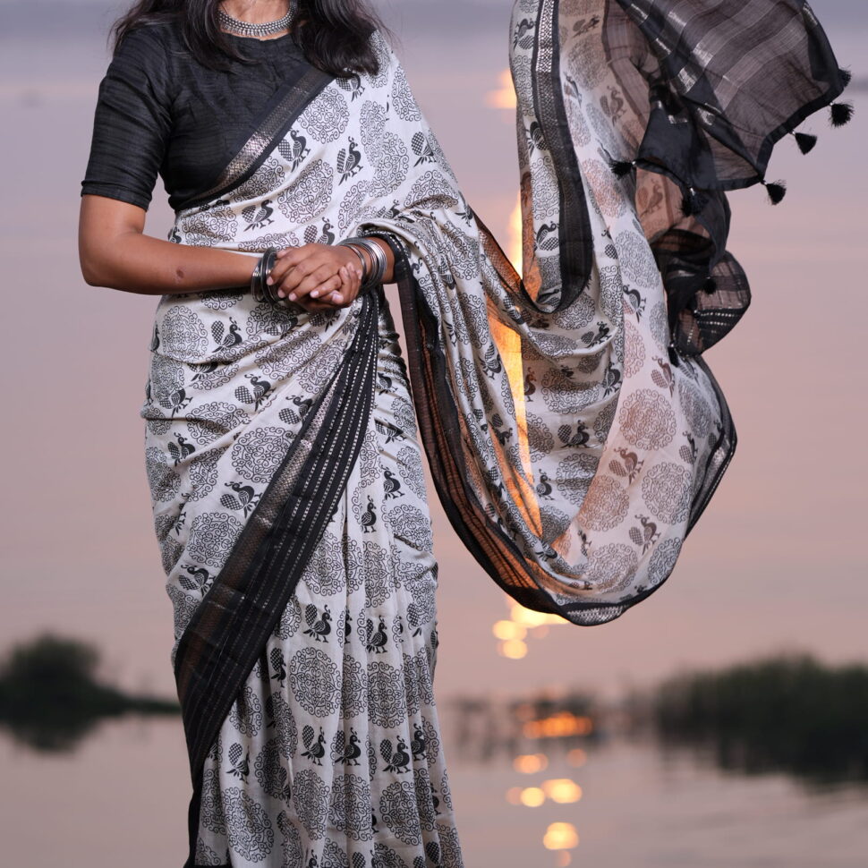 Elegant Chiniya Silk Saree | Ivory & Charcoal Stylized Peacock Print