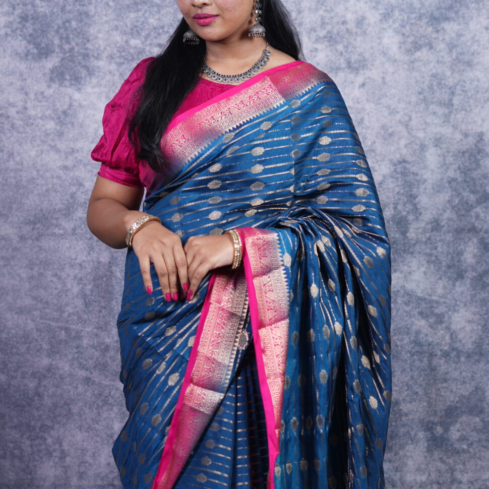 Royal Deep Teal & Magenta Zari Silk Saree | Traditional Festive Grandeur