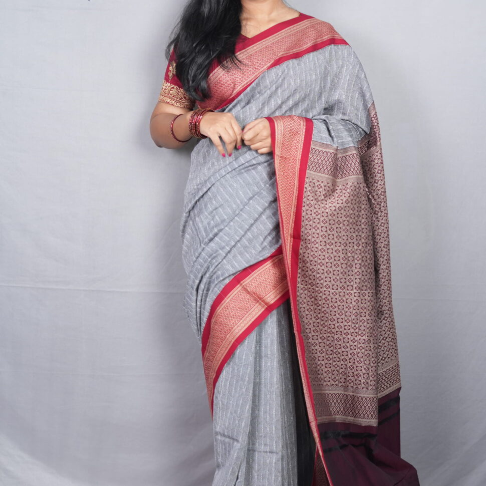 Chitraangi Ranjani | Steel Grey & Deep Wine Mysore Kadiyal Cotton