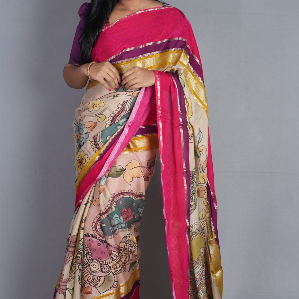 Kala Ranjani | Rani Pink & Purple Penkari Chiffon Georgette Saree