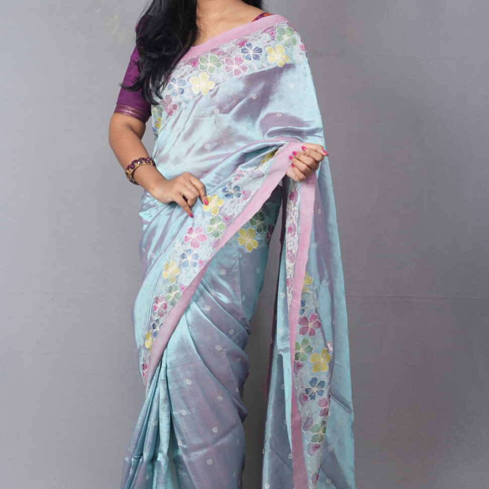 Hima Pushpa | Ice Blue Mangalagiri Silk Saree with Scallop Embroidery