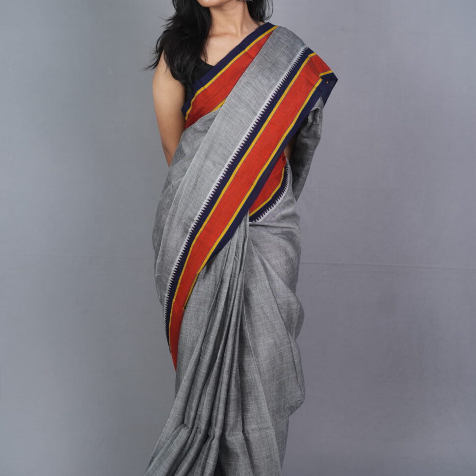 Rajatangi Aaloka | Silver-Grey & Vermillion Narayanpet Handloom Cotton Saree