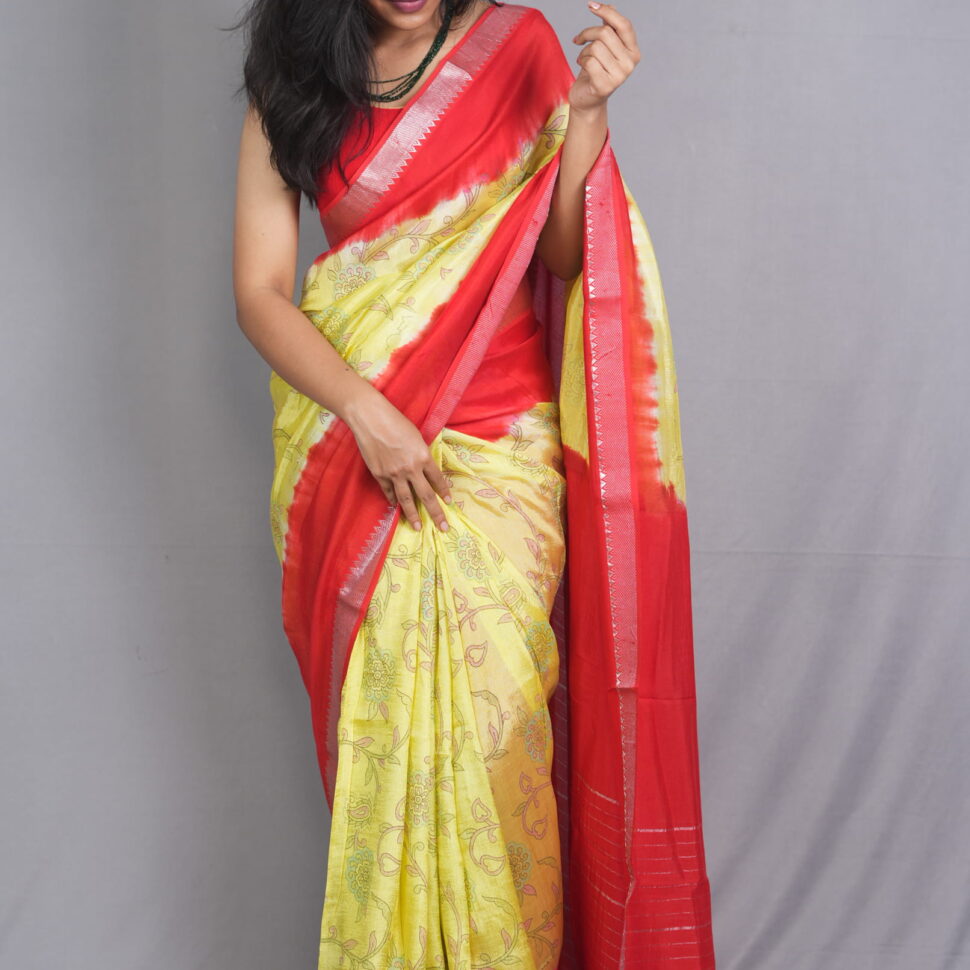 Surya Pushpanjali | Yellow & Red Printed Mangalagiri Silk-Cotton Saree