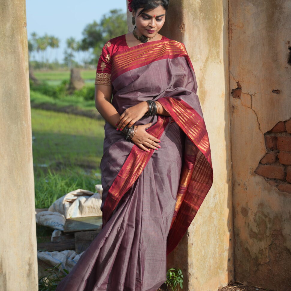 Pallavi Vasudha | Mauve & Maroon Gadwal Sico Handloom Saree