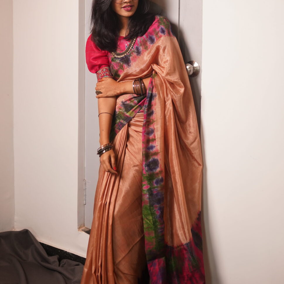 Meghna | Peach & Pink Mangalagiri Shibori Silk-Cotton Saree