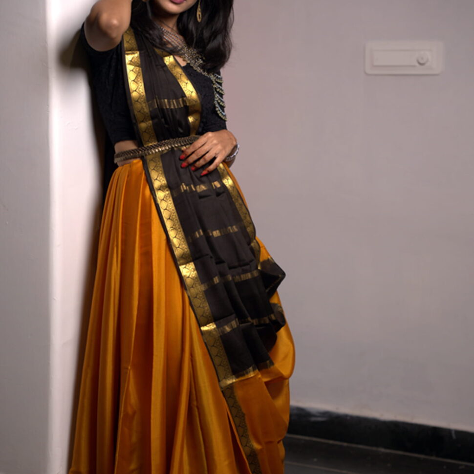 Swarnali | Honey Gold & Black Handloom Mysore Silk Saree
