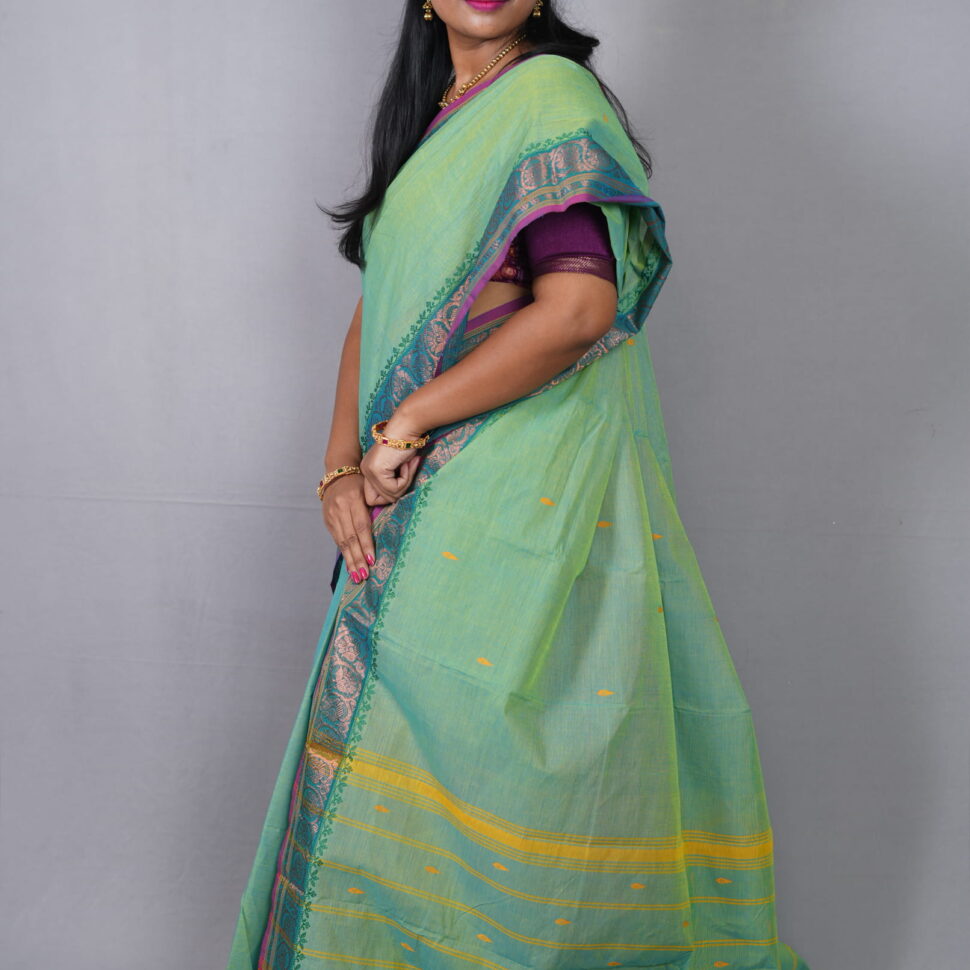 Vasantha Harini | Mint Green Kanjivaram Cotton with Teal & Rose Korvai Border