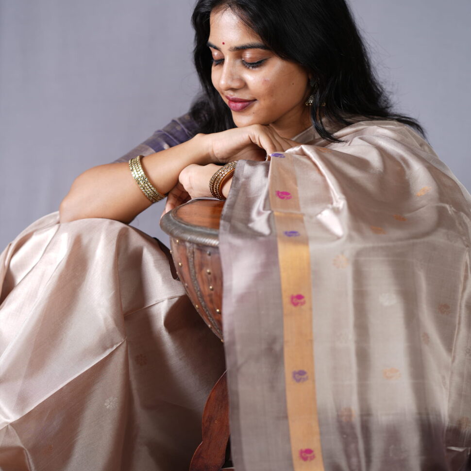 Mrinalika | Champagne Uppada Silk with Deep Coffee & Antique Zari