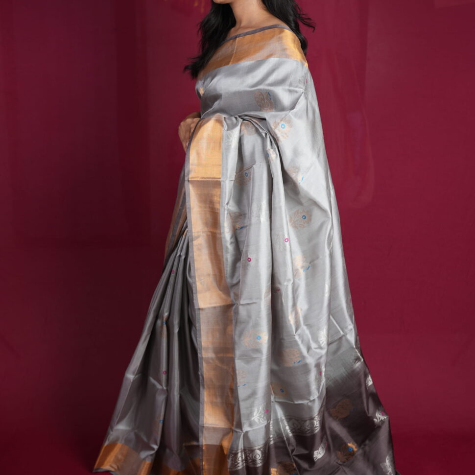 Indira Rajat Tara | Silver-Grey Uppada Silk with Gold Zari & Floral Buttis