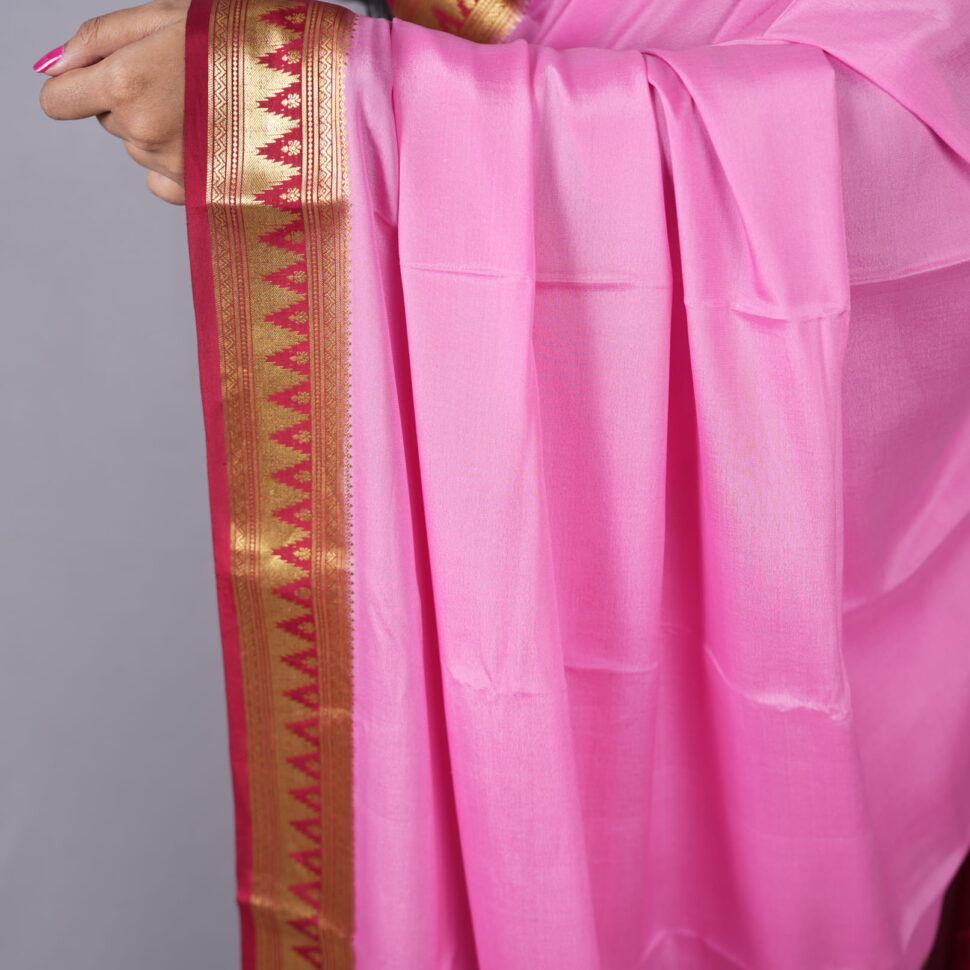 Gopika | Candy Pink & Deep Wine Mysore Silk with Temple Border