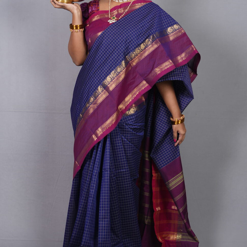 Indigo Vaibhavi | Handwoven Navy Silk Saree with Magenta Korvai Border