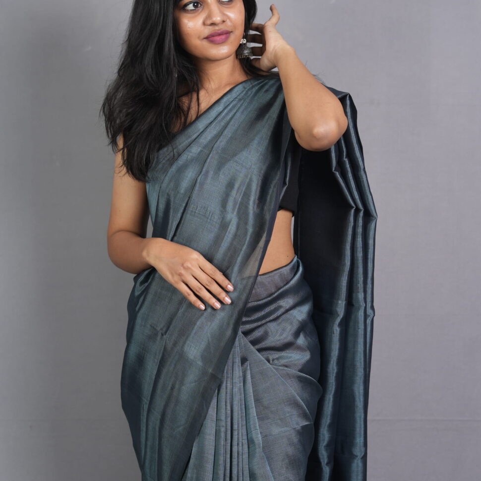 Shyama Nila | Steel Grey Borderless Mangalagiri Cotton-Silk Saree With Extra Kalamkari Blouse