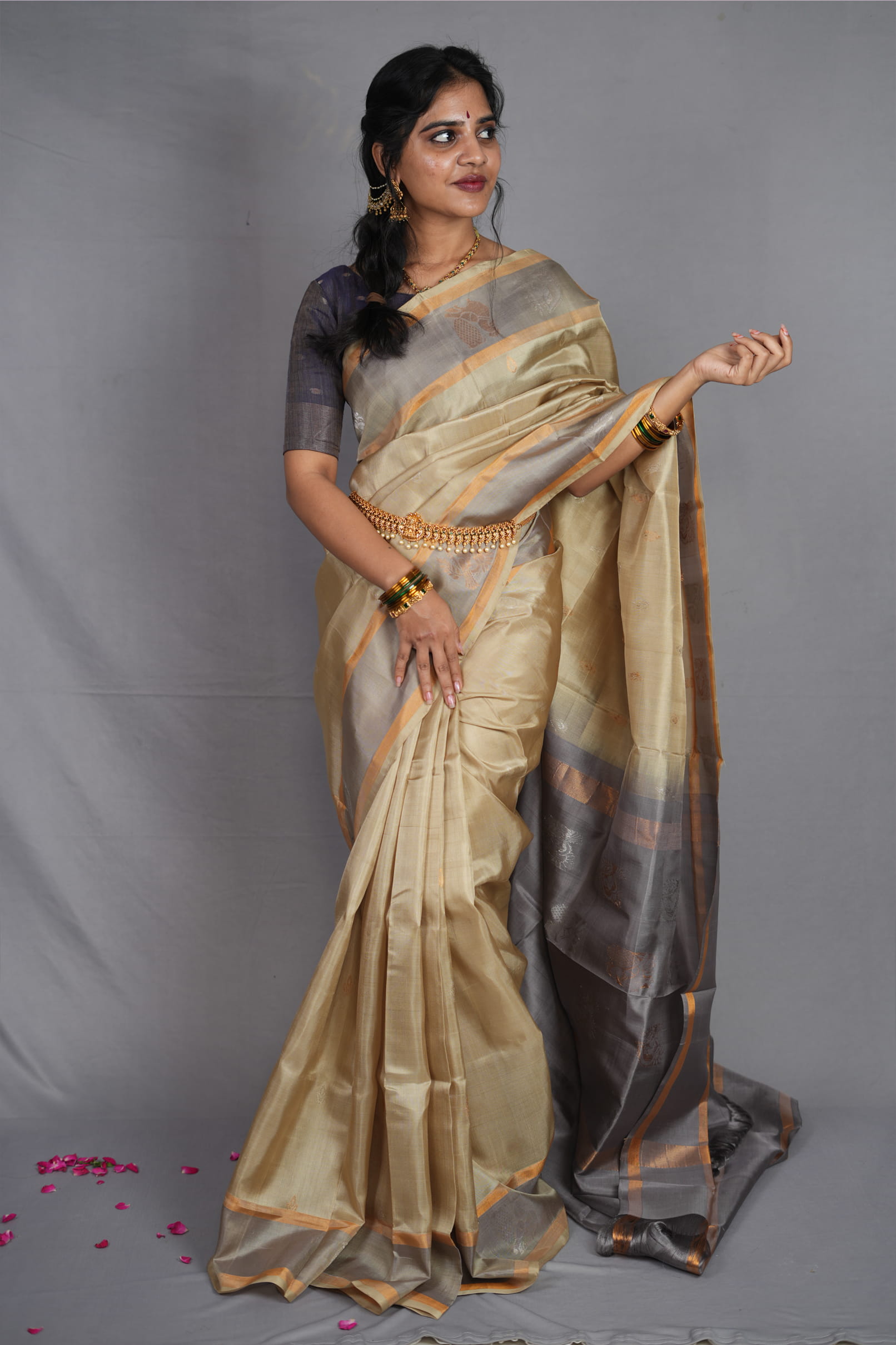 Swarna Valli | Honey-Gold & Ash-Grey Uppada Silk
