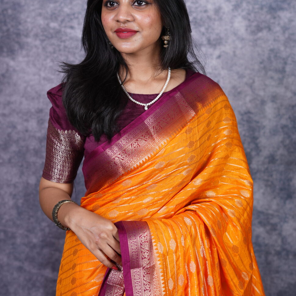 Radiant Sunset Orange Silk Saree | Wine-Maroon Zari Contrast