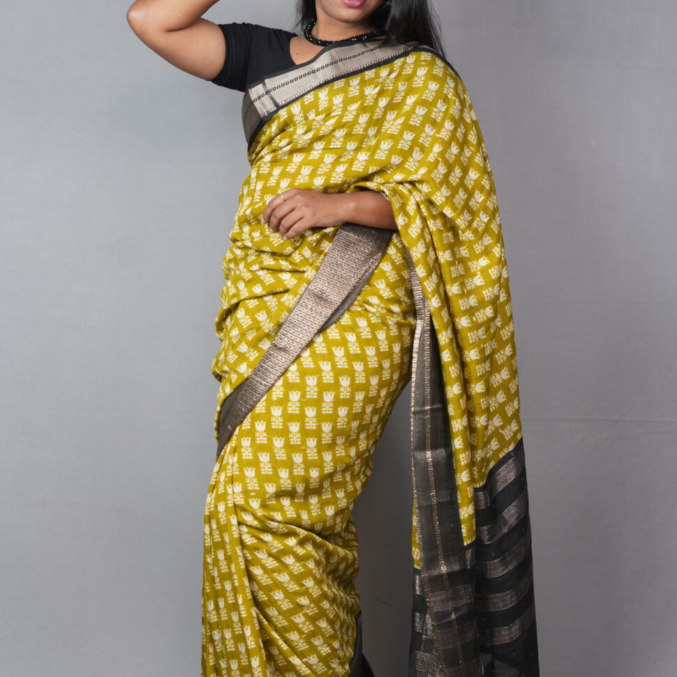 Tulika Indrani | Olive & Charcoal Chiniya Silk Saree