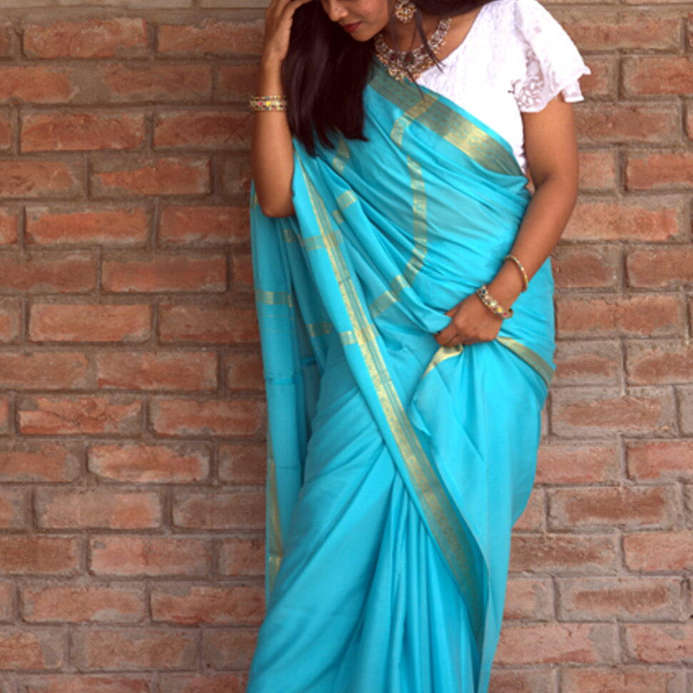 Chitraangi Mrudula – Aqua Blue Mysore Silk Saree with Subtle Zari Border