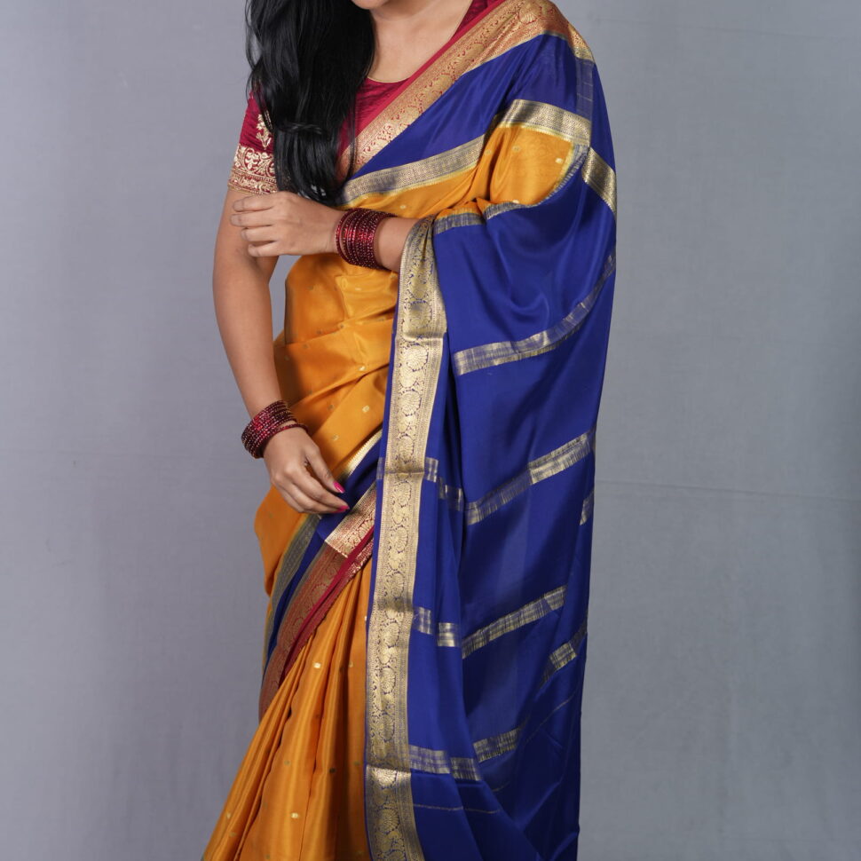 Kanakambari Mayuri | Mustard Yellow & Royal Blue Mysore Silk Crepe (60 GSM)